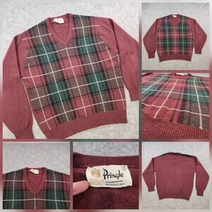 Vintage Pringle Sweater Mens 42 Large Red Green Plaid 100% Cashmere Scotland 90s